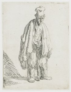 A Beggar in a high Cap, standing and leaning on a Stick