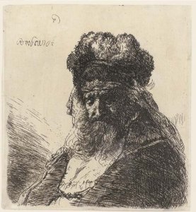 An old man wearing a turban seated in profile to the left