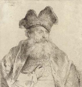 An old man wearing a turban seated in profile to the left