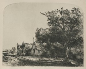 Landscape with three gabled Cottages beside a Road