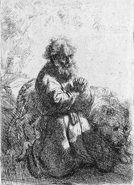 Saint Jerome kneeling in Prayer, looking down