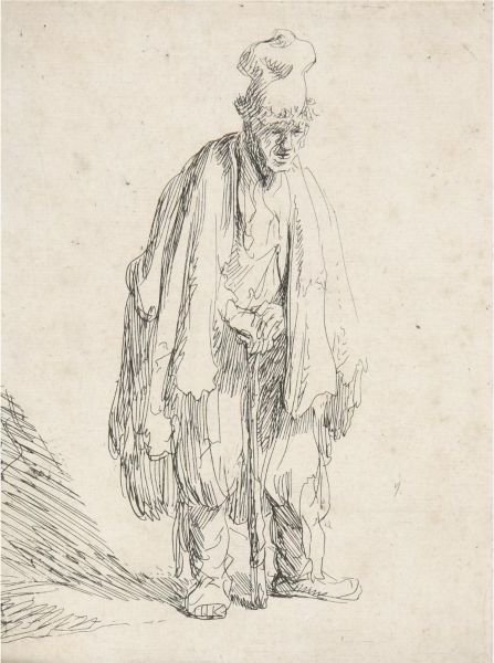 Beggar In A High Cap, Standing And Leaning On A Stick