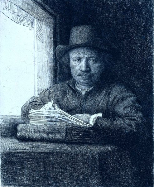 Rembrandt drawing at a window