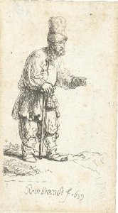 A Peasant in a high Cap, standing leaning on a Stick